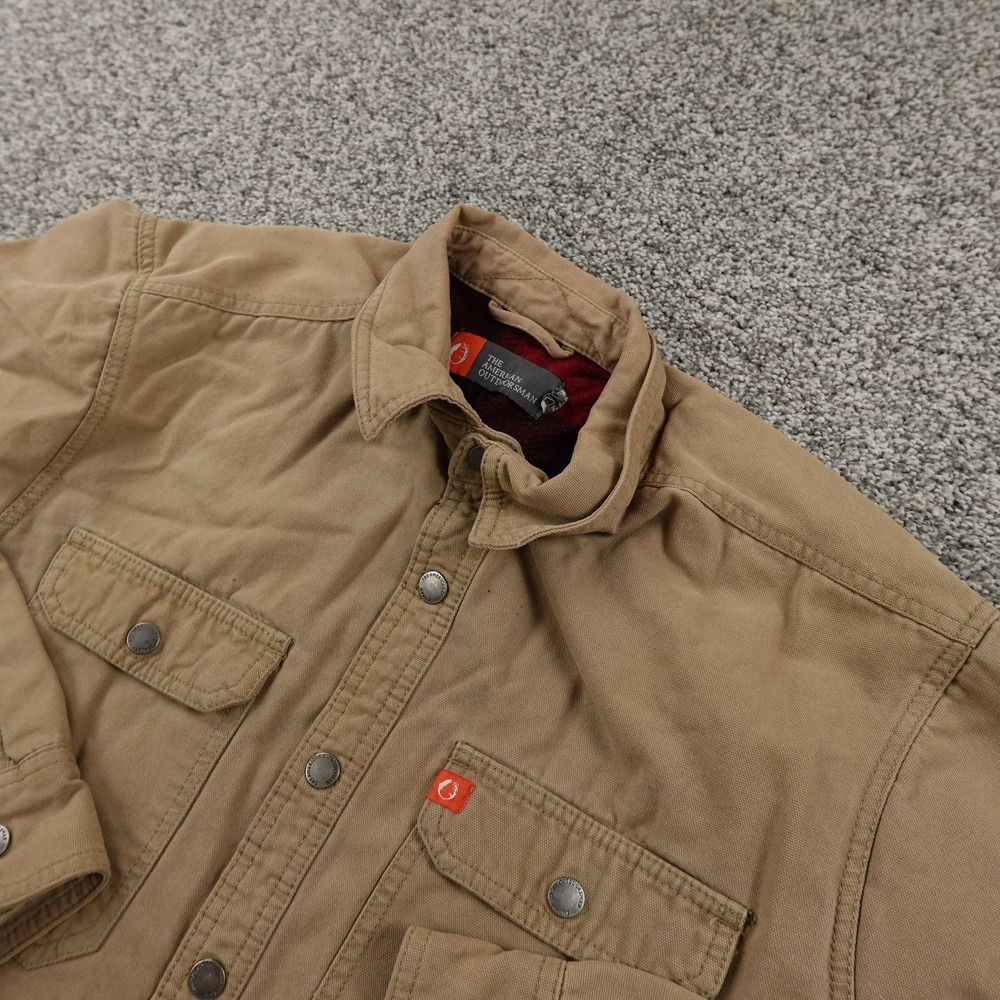 American Outdoorsman Jacket Mens L Brown Canvas Flannel Lined Shacket Coat Hike